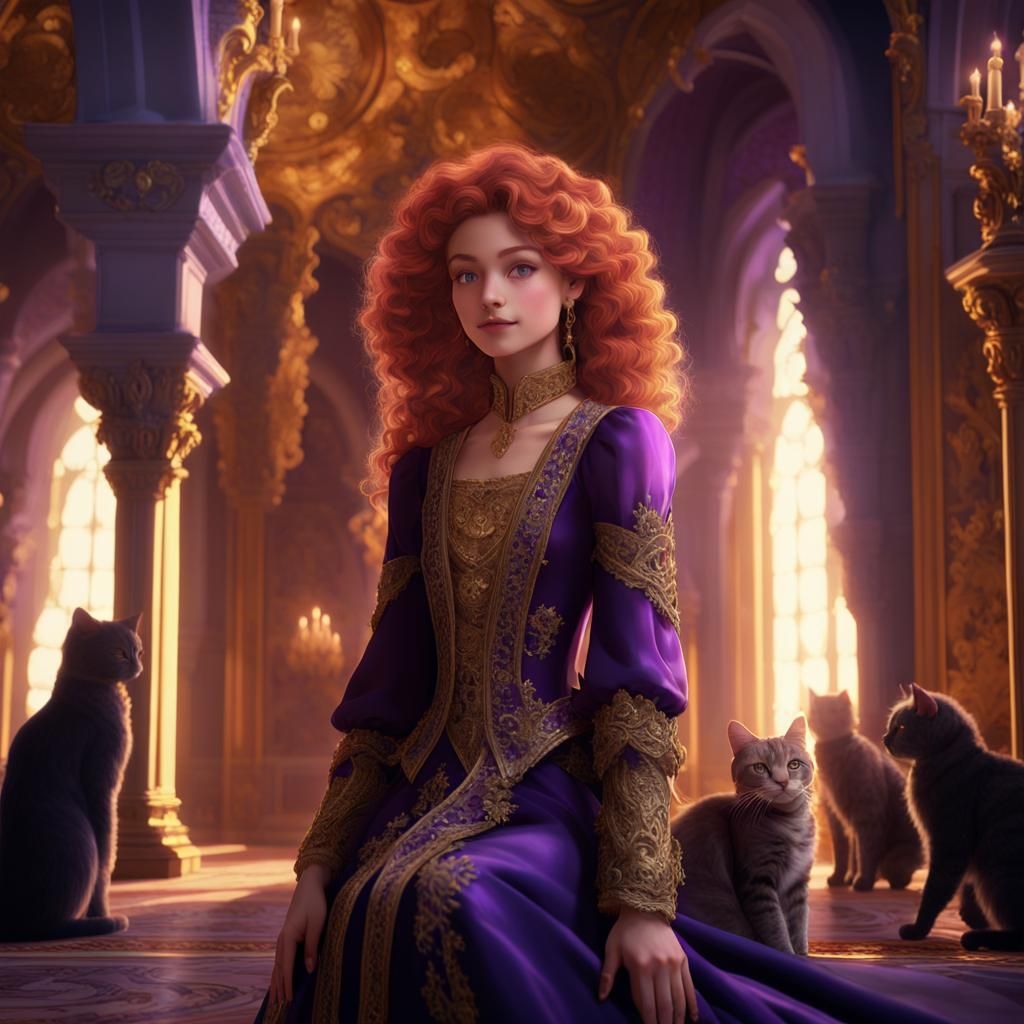 Baroque Anime: Turkish Beauty with Cats in Castle