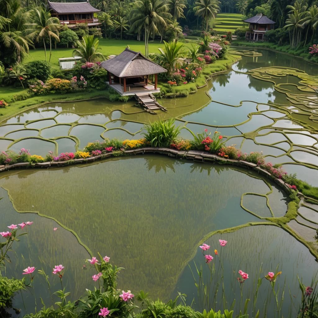 Serene Tropical Paradise with Rice Field and Pool
