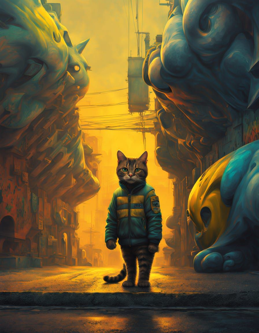 Vibrant Yellow Cat-Banana Hybrid in a Street Art Wonderland