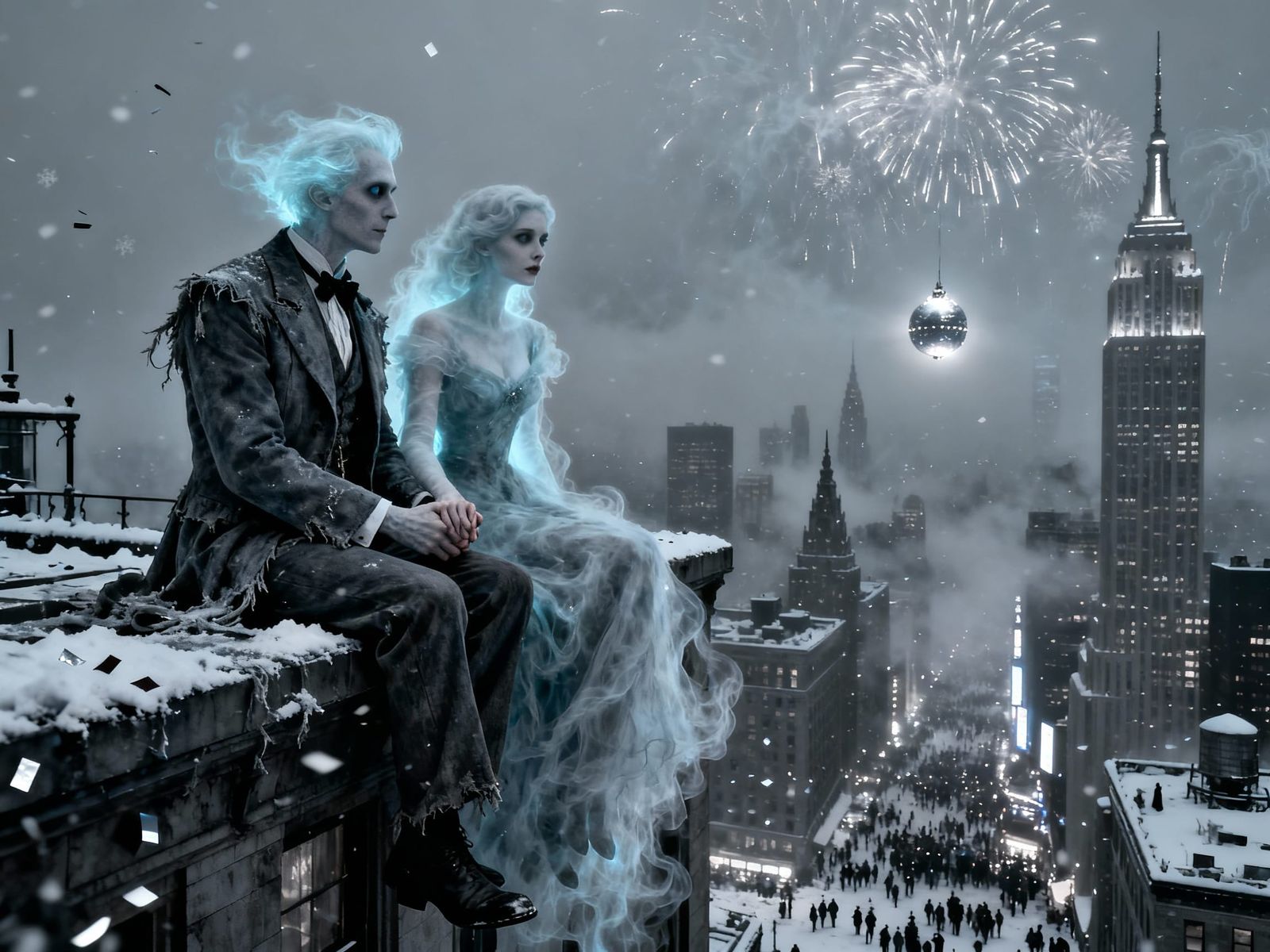 Ghostly Couple on NYC Skyscraper in Gothic Noir Style