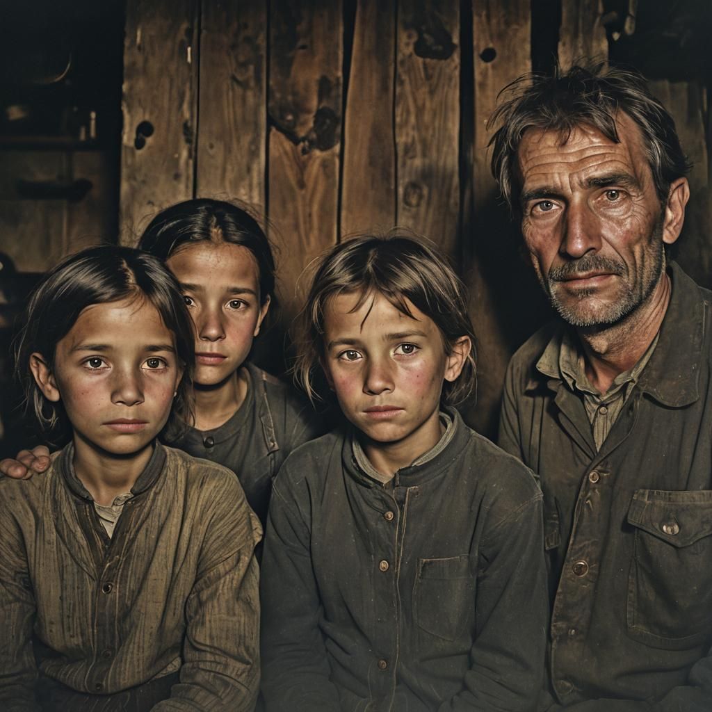 Emotional Portrait of Poor Family in Old Home