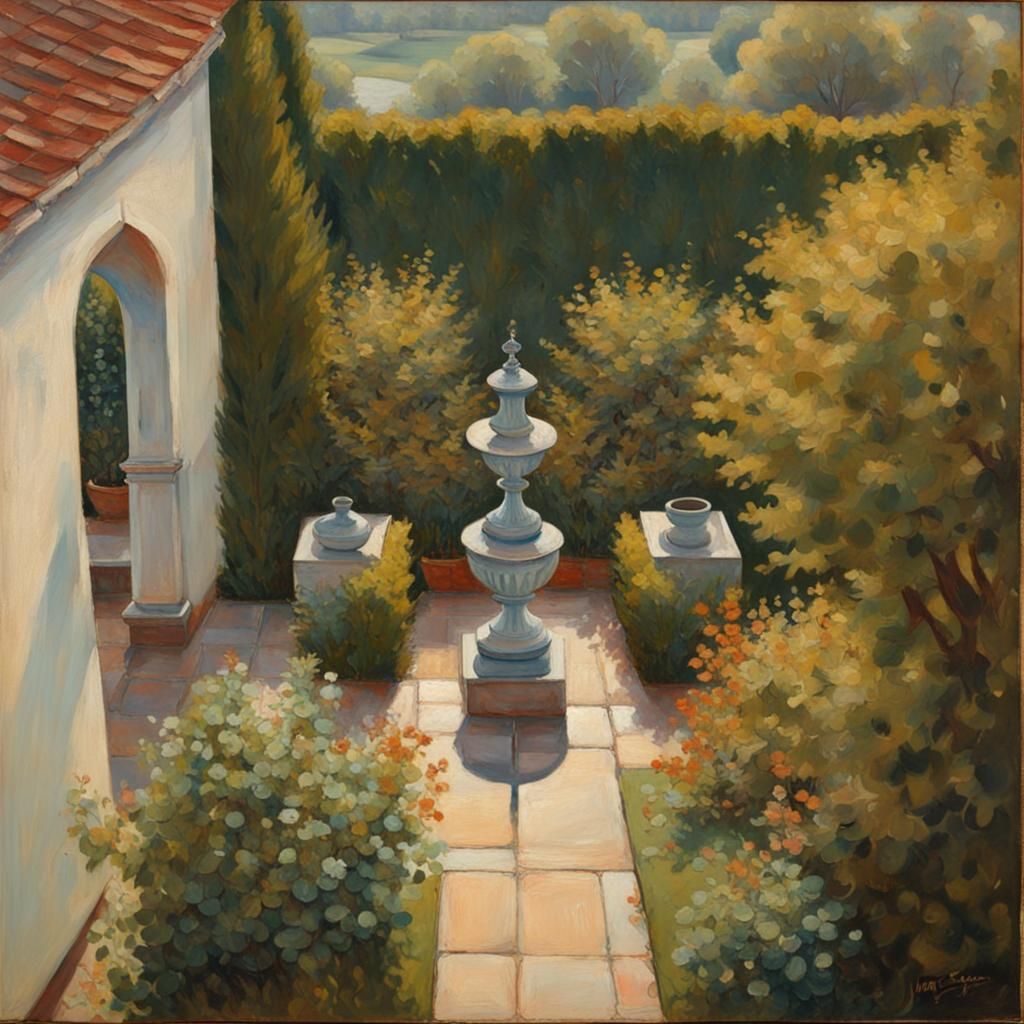 House and Urn Garden: Oil Painting View From Above