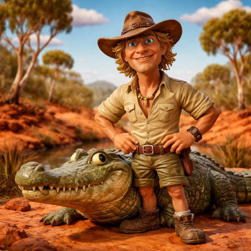 Claymation Adventurer Beside Alligator in Outback