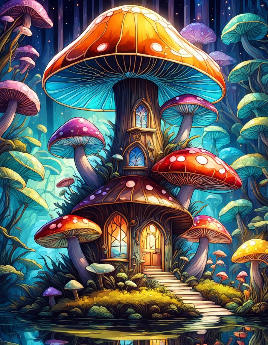 Stained Glass Mushroom House in Fantasy Style