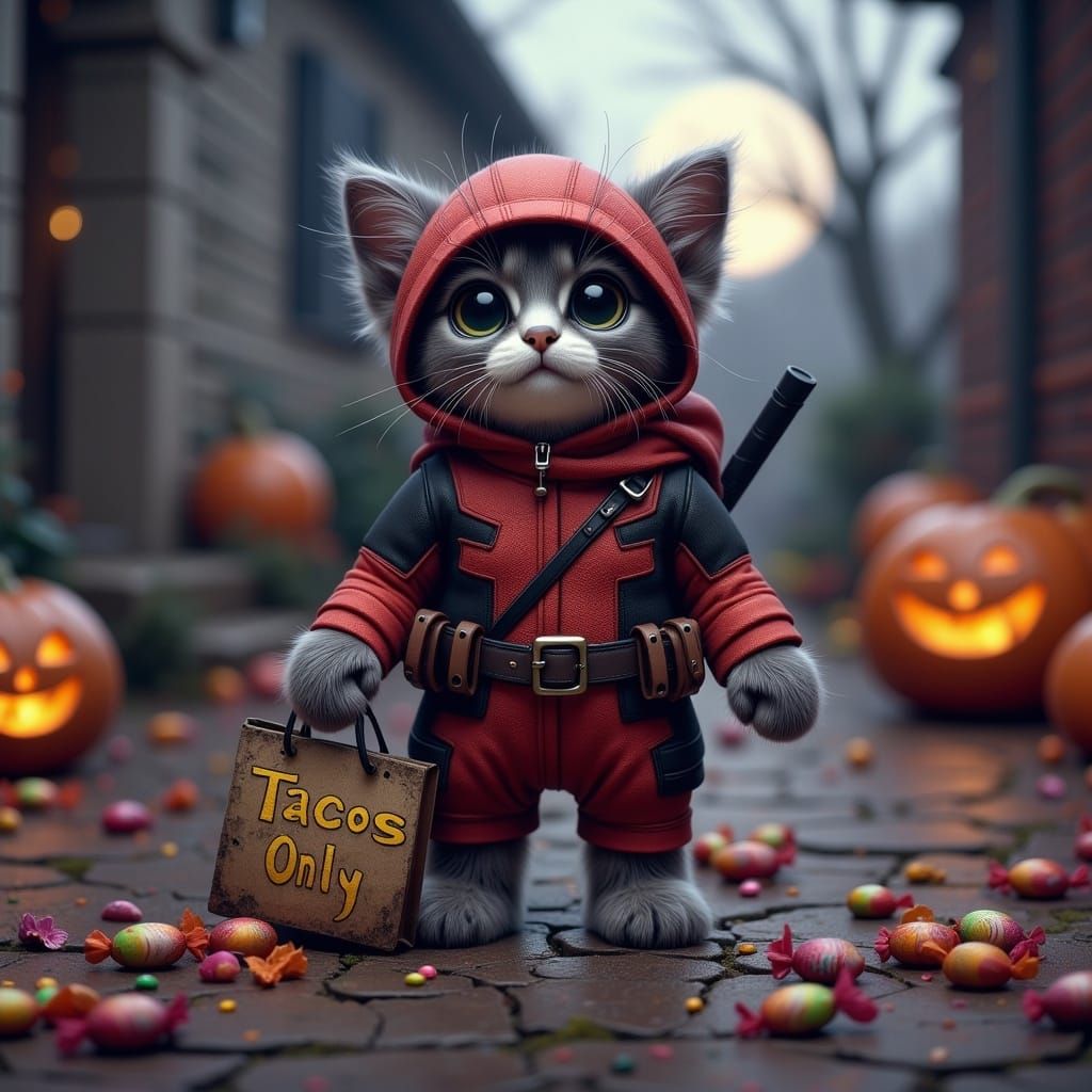 Kitten as Deadpool on Halloween Porch