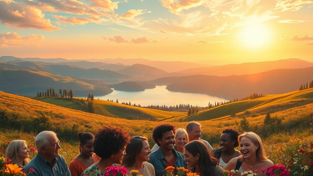 Idyllic Golden Hour Landscape With Joyful People