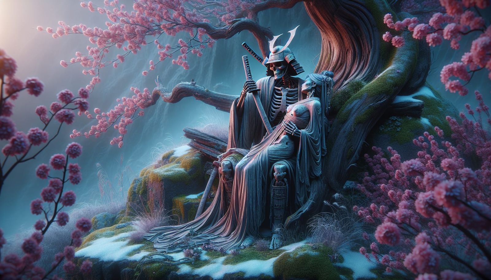 Samurai Holding Geisha Skeleton Beside Cherry Blossom Tree