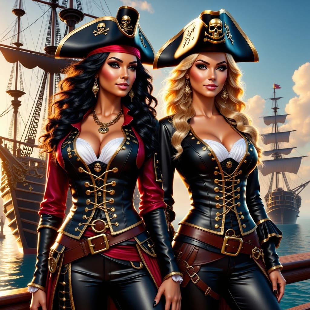 Two Pirate Women on Dock With Skull Ship