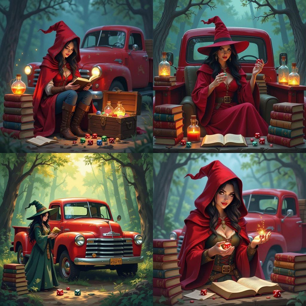 Red Truck with Witch, Books and DND Dice