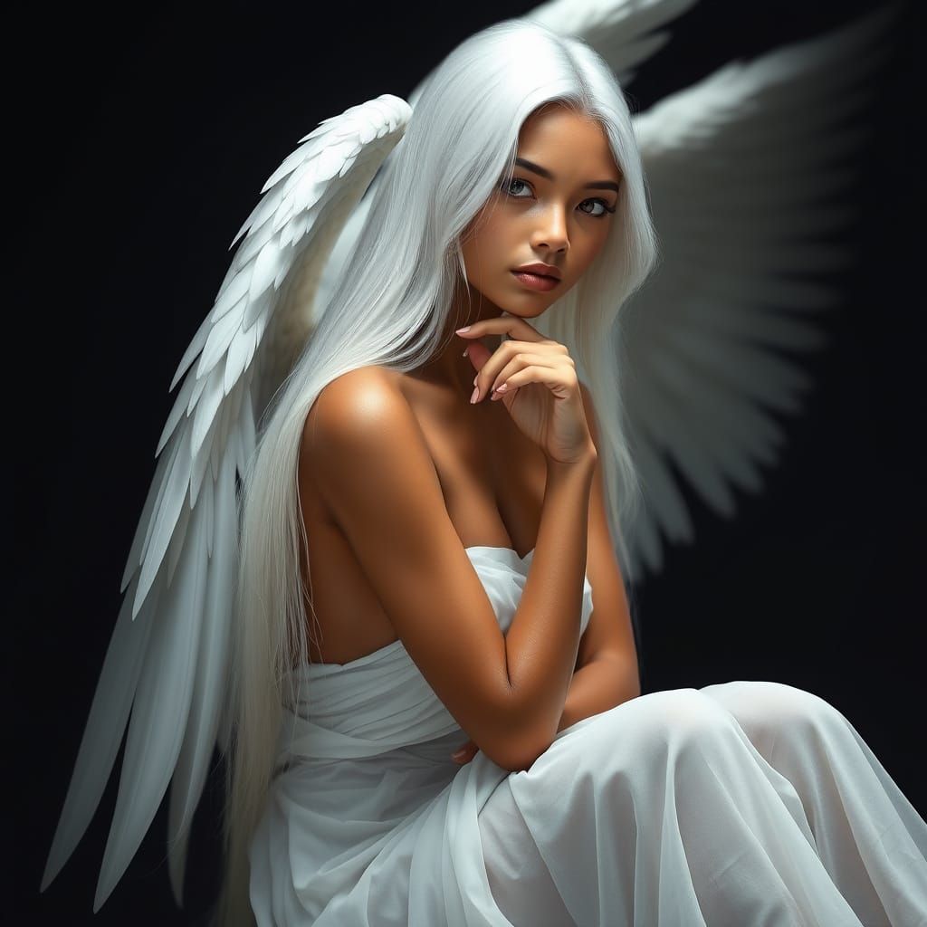 Ethereal Indonesian Angel with Flowing White Hair