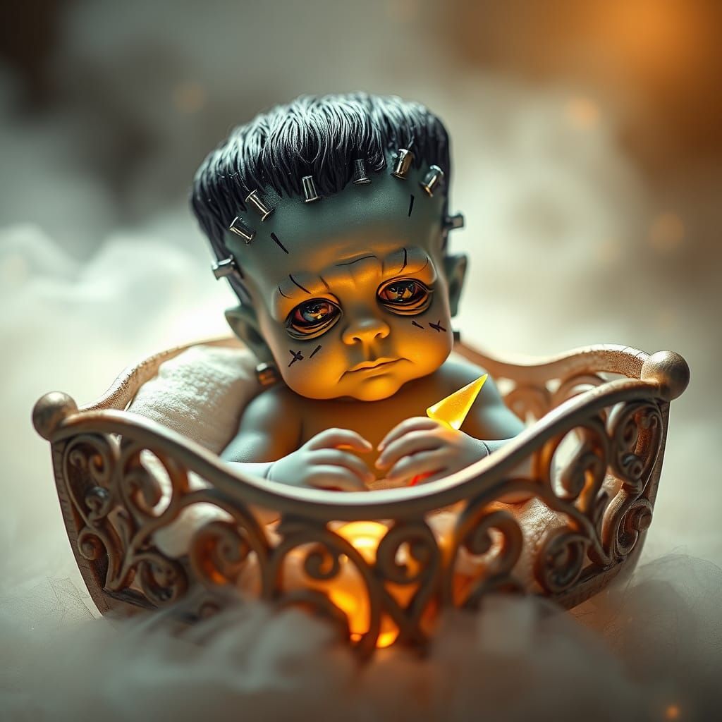 Adorable Baby Frankenstein in Lightning Crib