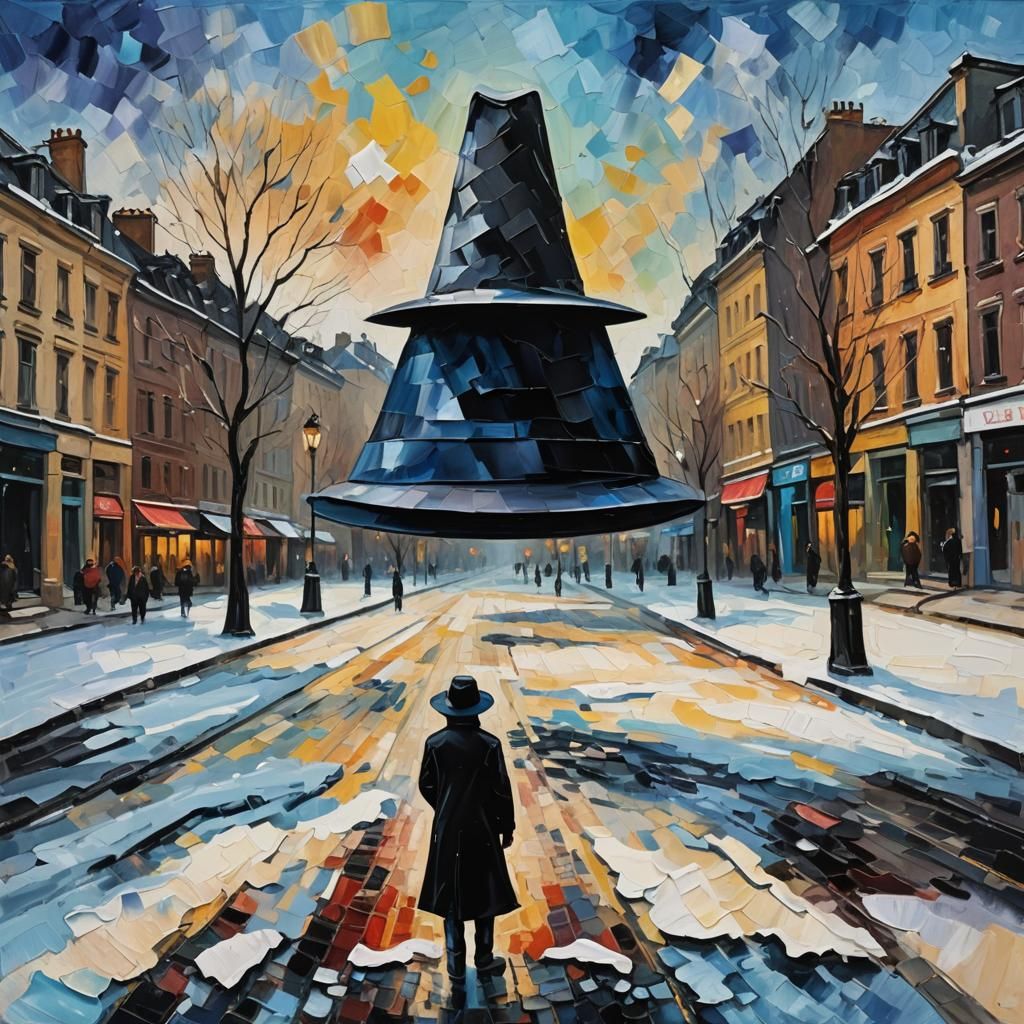 Gigantic Black Hat in Winter Square as Impasto Painting