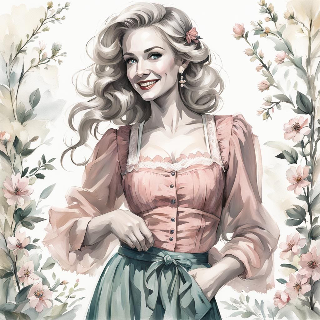 Happy German Woman in Dirndl, 1960s Style