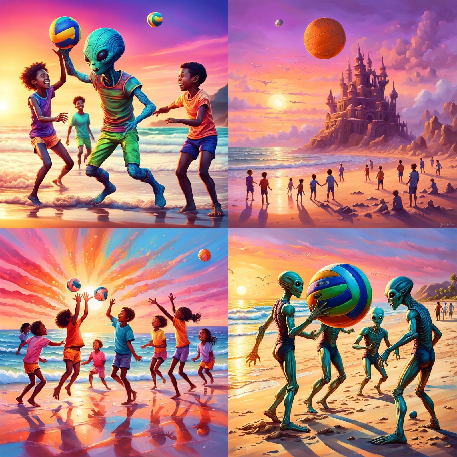 Alien Students Play Volleyball at Sunset
