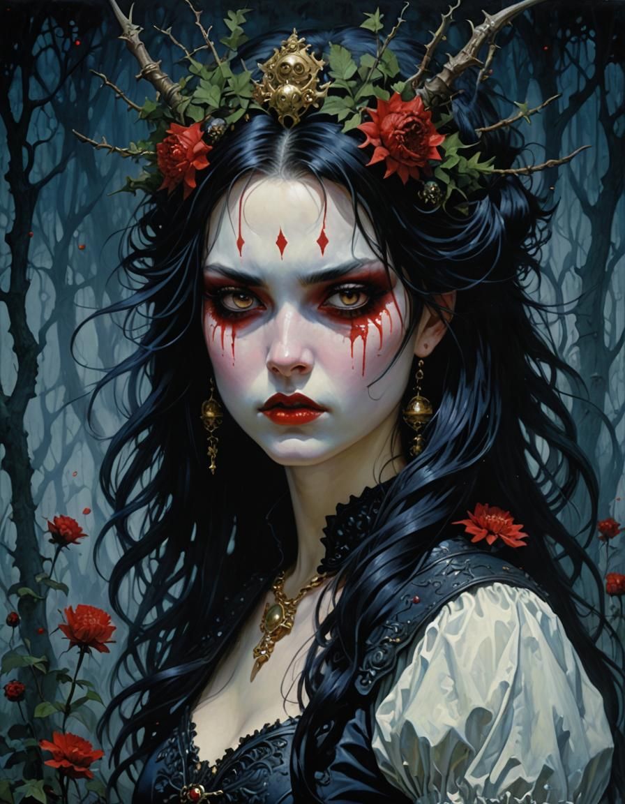 Eerie Alice in Neverland: A Grimdark Pointillist Painting