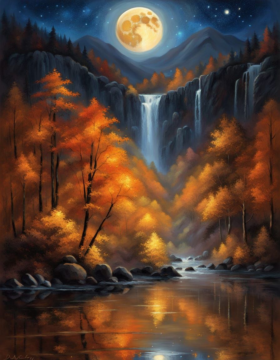 Dreamy Autumn Forest Night with Glowing Moon
