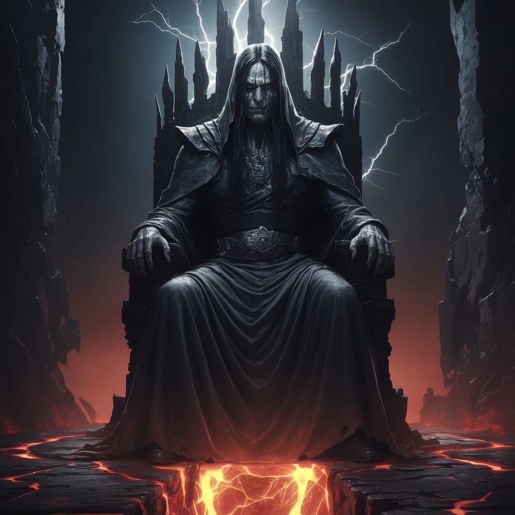 Dark Lord Seated on Jagged Throne in Ancient Tower