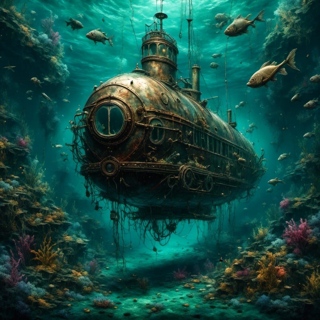 Victorian Steampunk Submarine in Tropical Waters