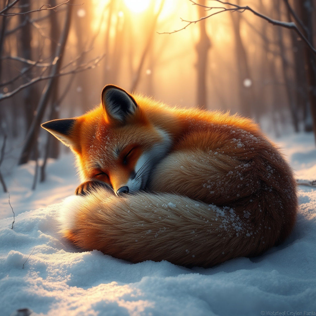 Fox Asleep in Snowy Winter Woodland