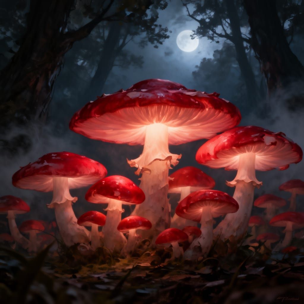 Glowing Red & White Mushrooms in Moonlit Forest