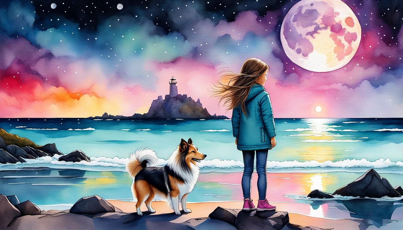 Girl and Dog on Moonlit Shore as Colorful Ink Drawing