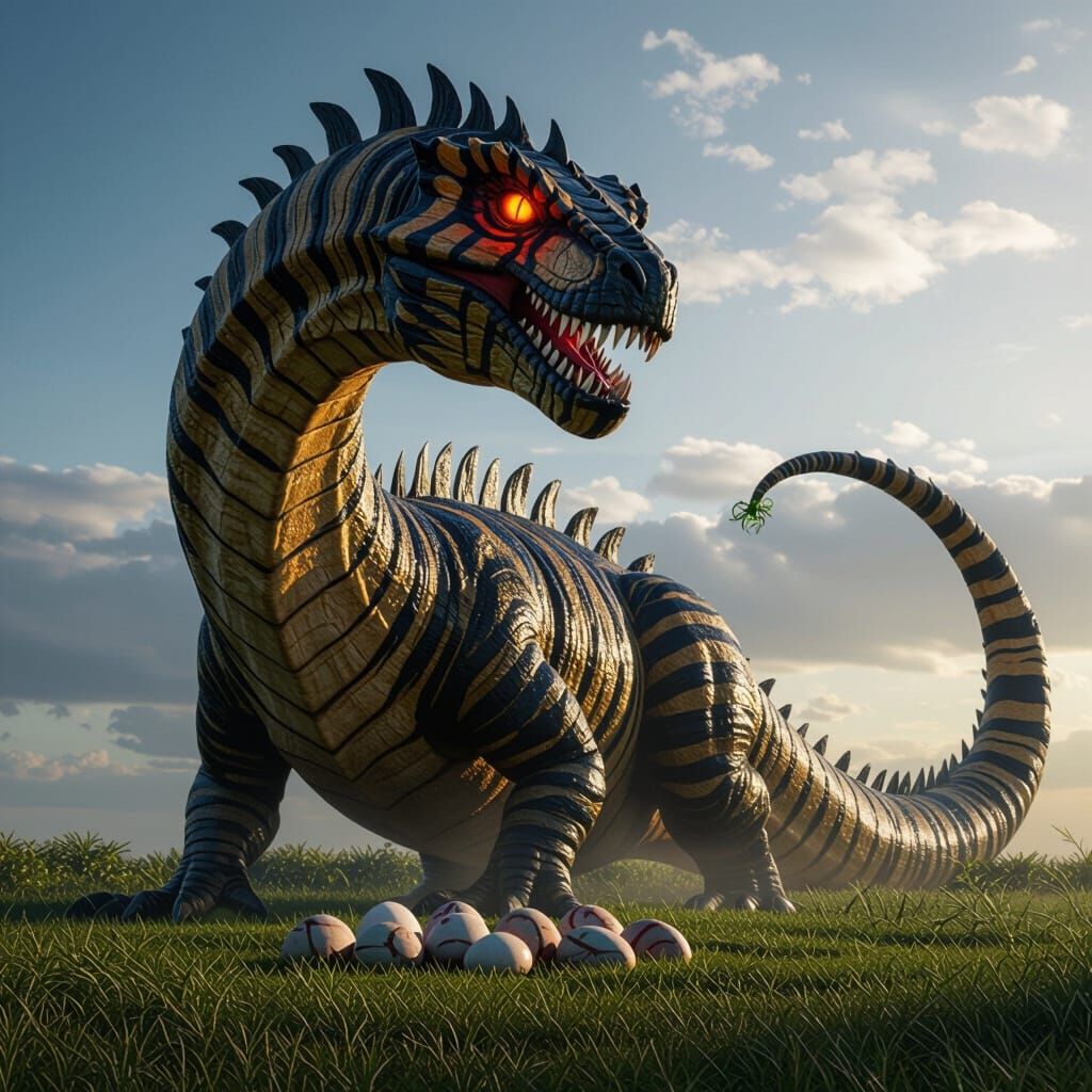 Giant Serpentine Dinosaur Guards Eggs in Dramatic Lighting