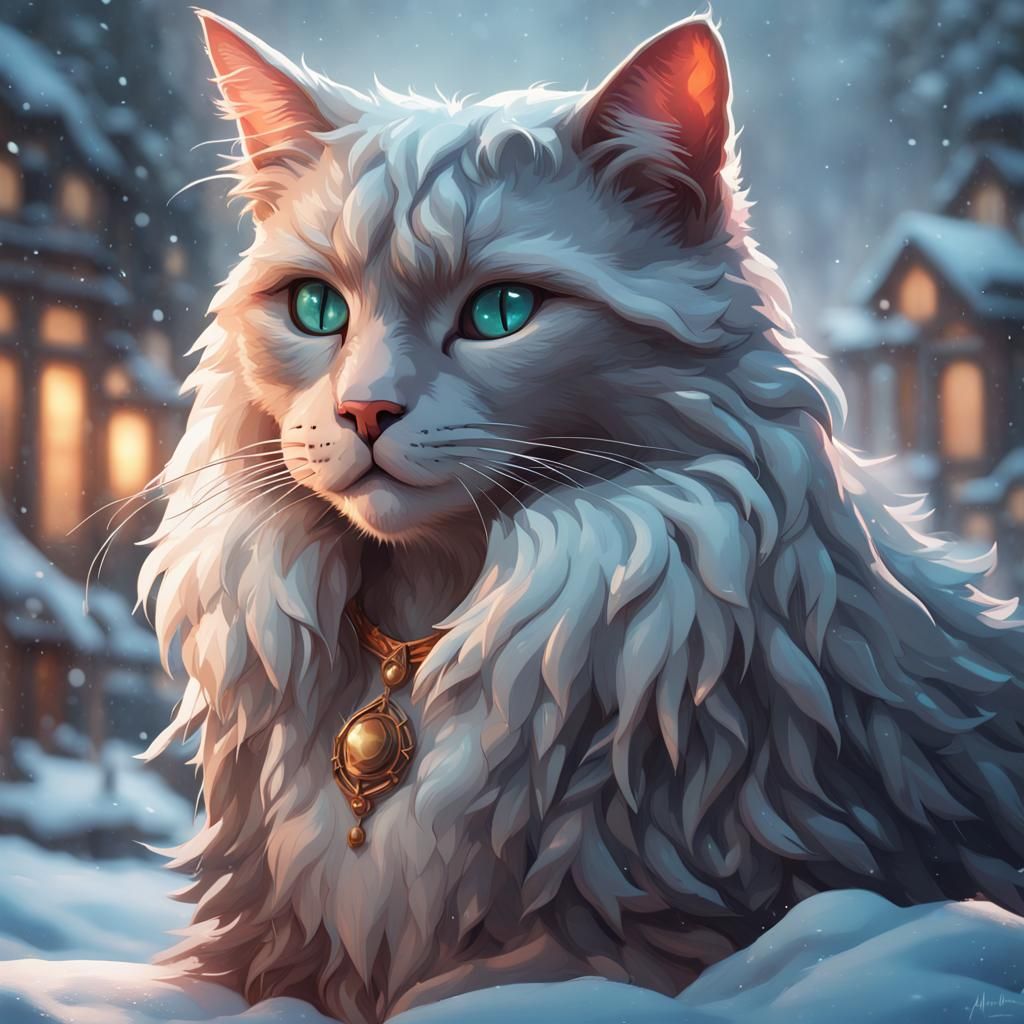 Winter Cat Portrait in Art Nouveau Style