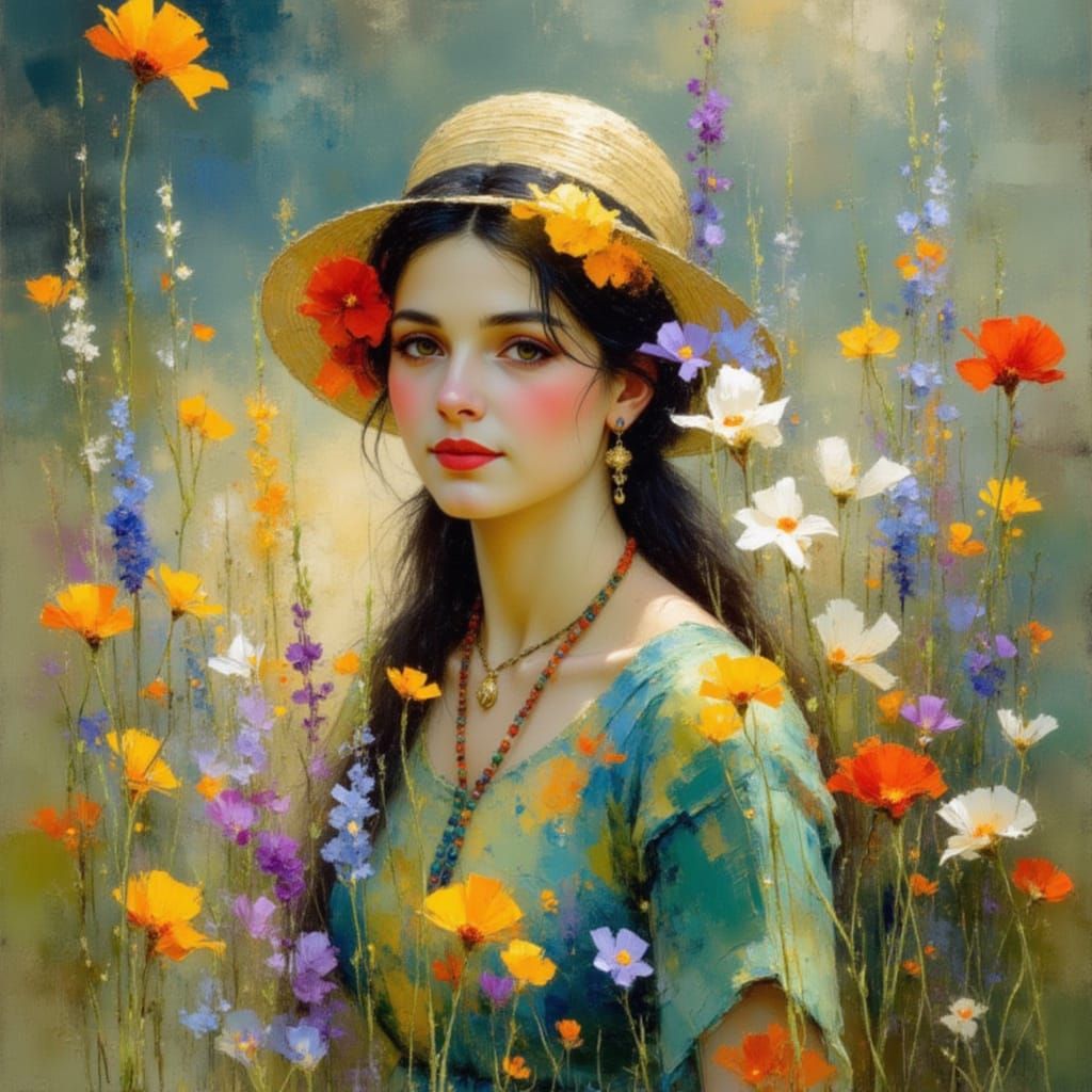 Woman in a Flowery Landscape, in the Style of Impressionist ...