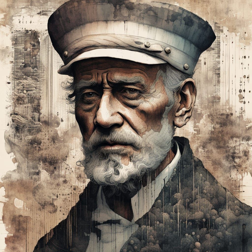 Glitch art. Binary code. (Portrait of an old sailor :1.4). Harbor setting. Moody. Surreal. Illustration by Tim Burton. I...