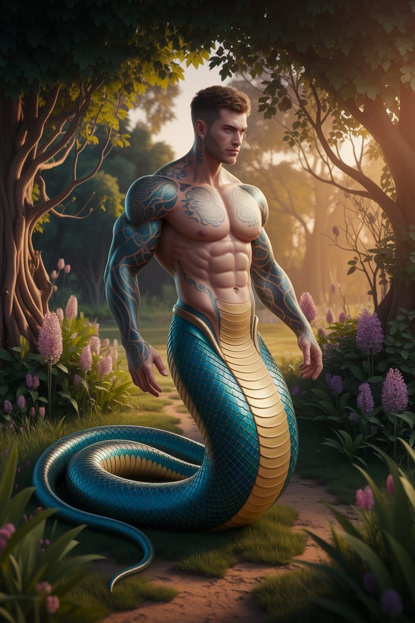 Enchanted Serpent Warrior in a Lush Fantasy Realm