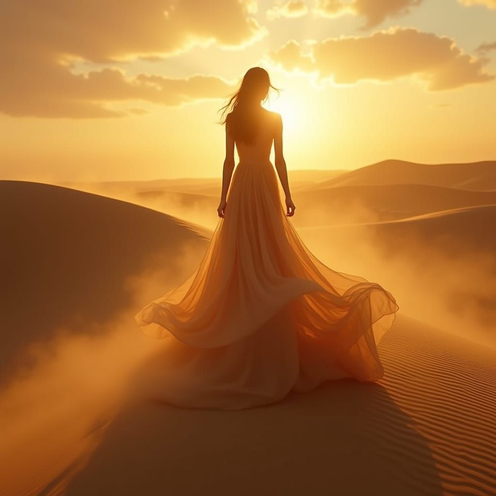 Sand Woman Silhouette Rising at Sunset in Fantasy Style