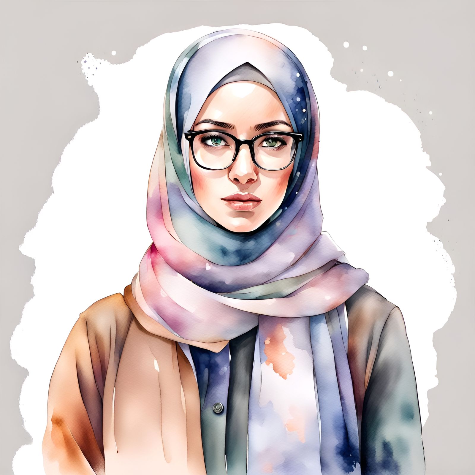 Beautiful Modest Hijab Woman with Glasses in Watercolor