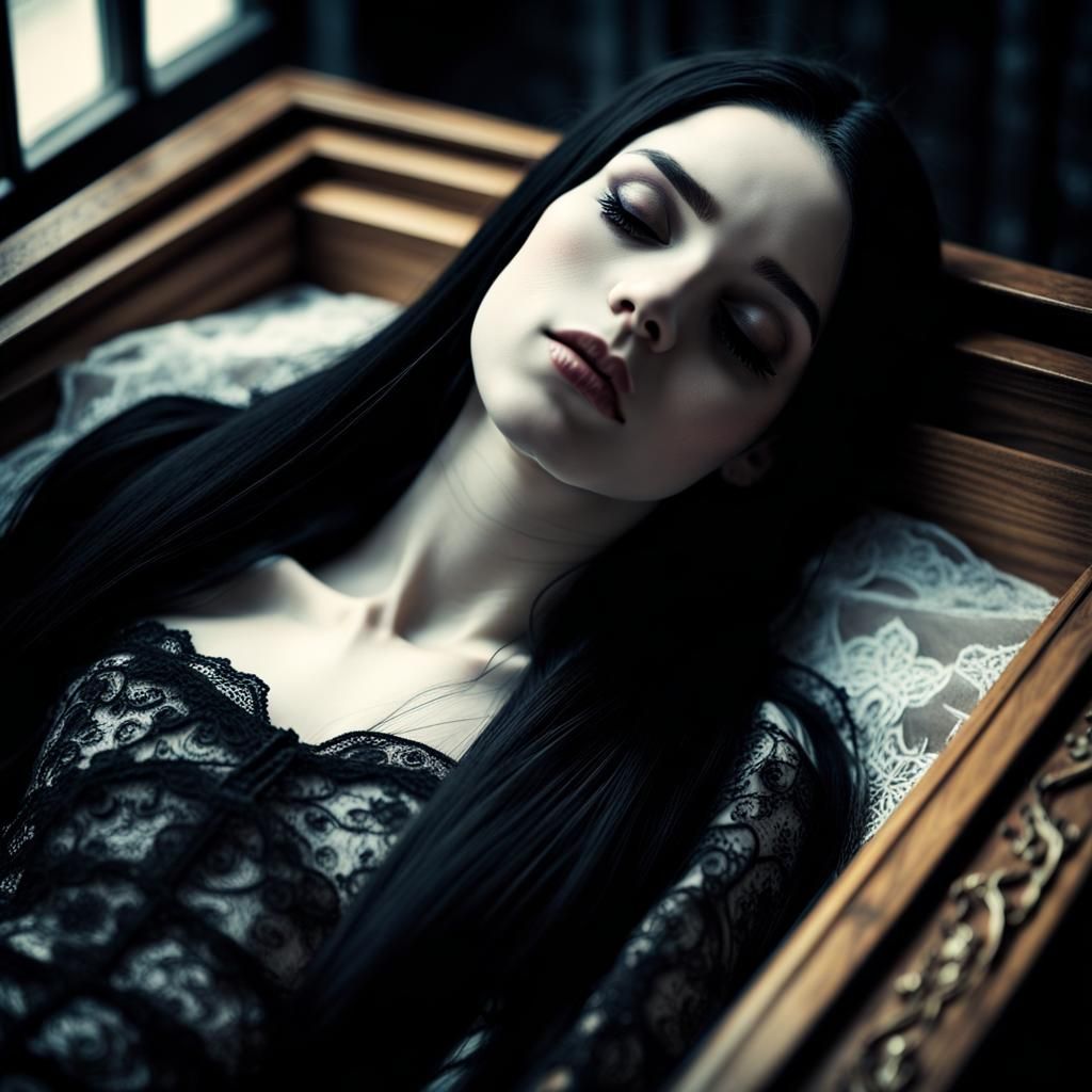 Hyperrealistic Gothic Girl in Coffin