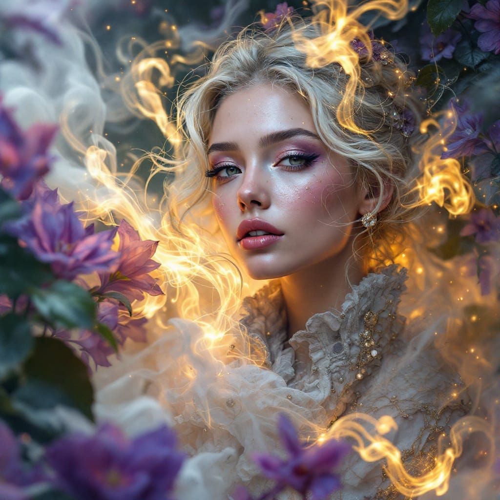 Violet Haze Goddess Amidst Ethereal Mist