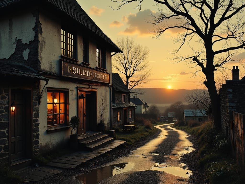 Rustic English Pub at Sunrise in a Whimsical Cyberpunk Aesth...
