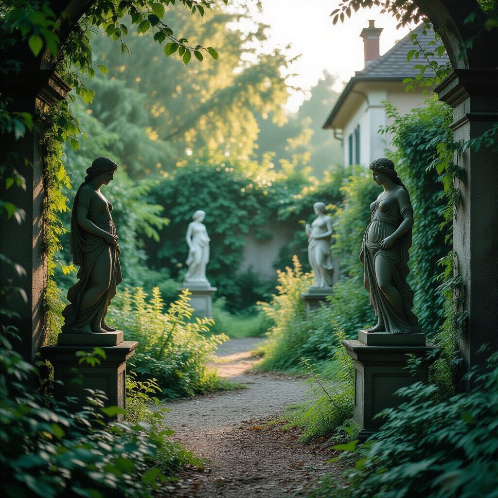 Overgrown Garden with Crumbling Statues: Cinematic Film