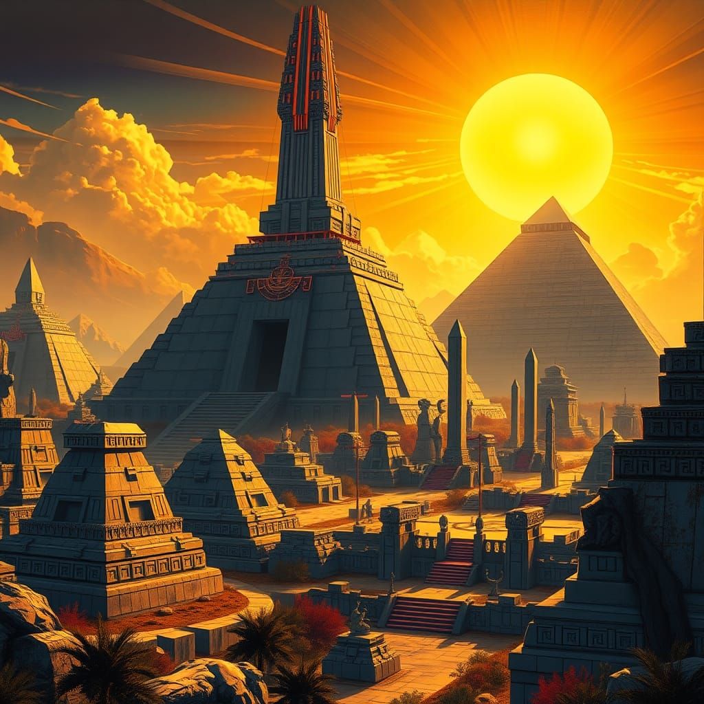 Futuristic Aztec Cityscape in Vibrant Colors