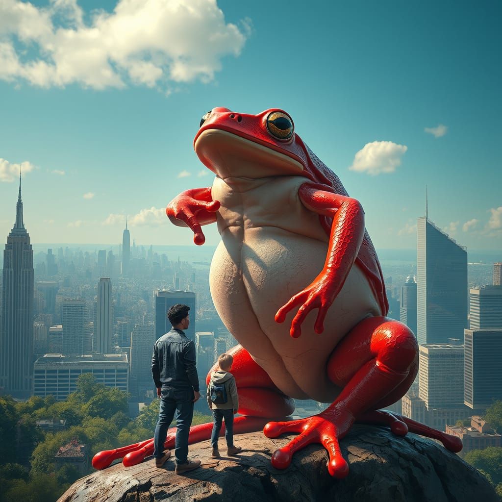 Gigantic Red Frog Towers Over Tiny Humans