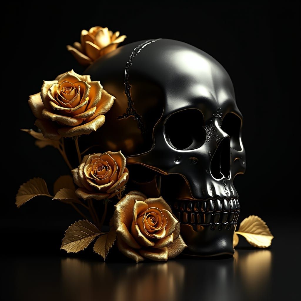 Hyperrealistic Skull Surrounded by Gold Roses in a Dramatic,...
