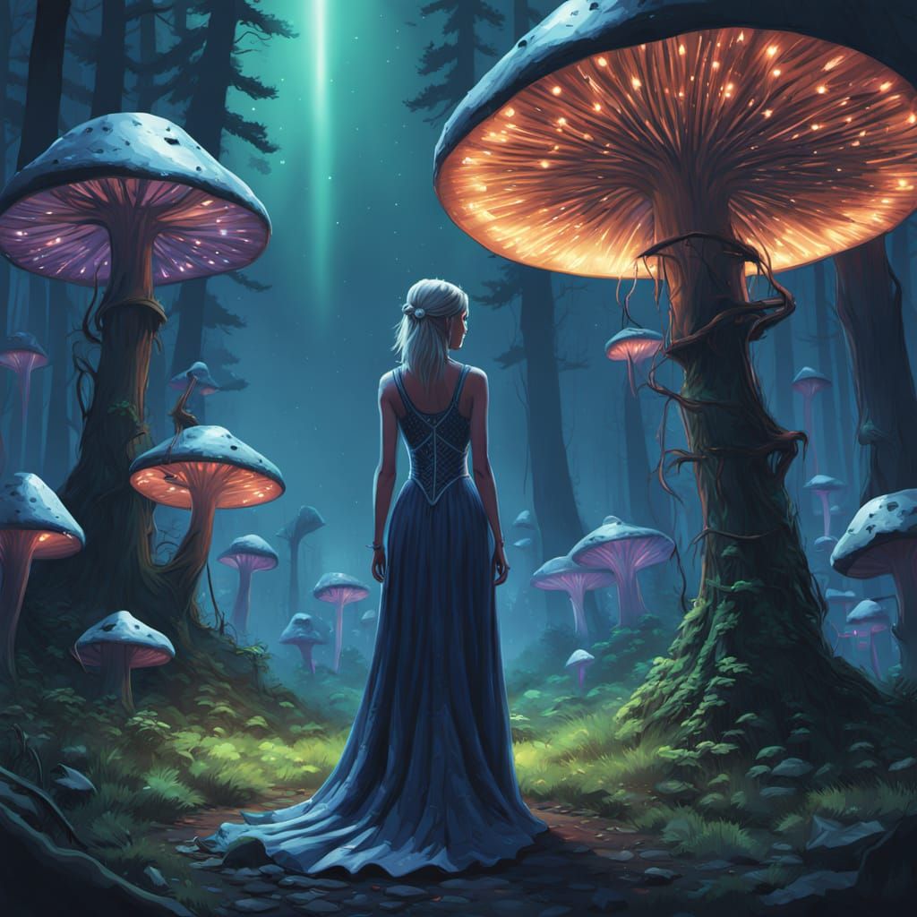 Ethereal Woman in Indigo and Silver Fantasy Dress Amidst Glo...