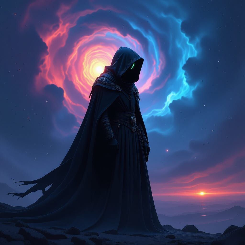 Cosmic Figure in Hooded Cloak Against Nebula