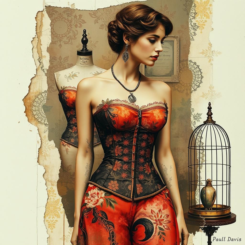 Abstract Collage with Birdcage and Vintage Elements