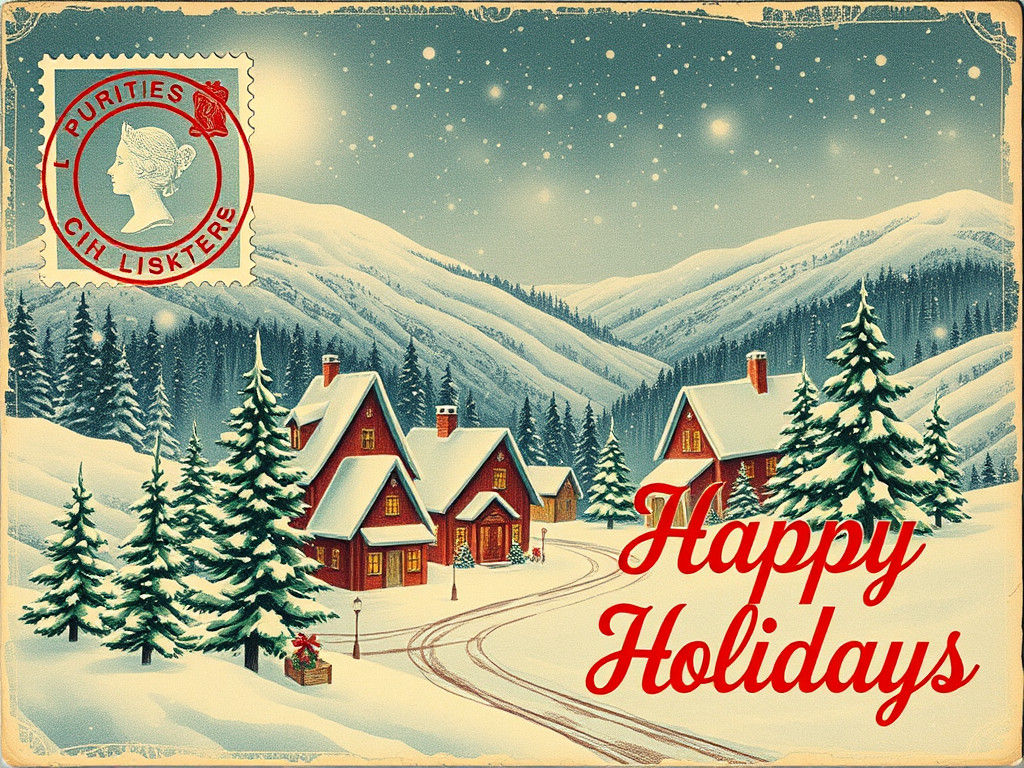 Vintage Christmas Postcard with Snowy Town