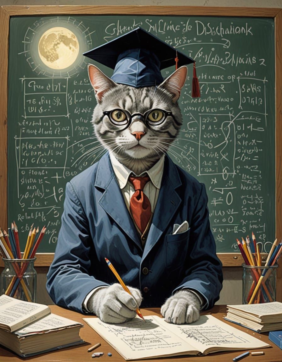 Whimsical Feline Mathematician in Vintage Study
