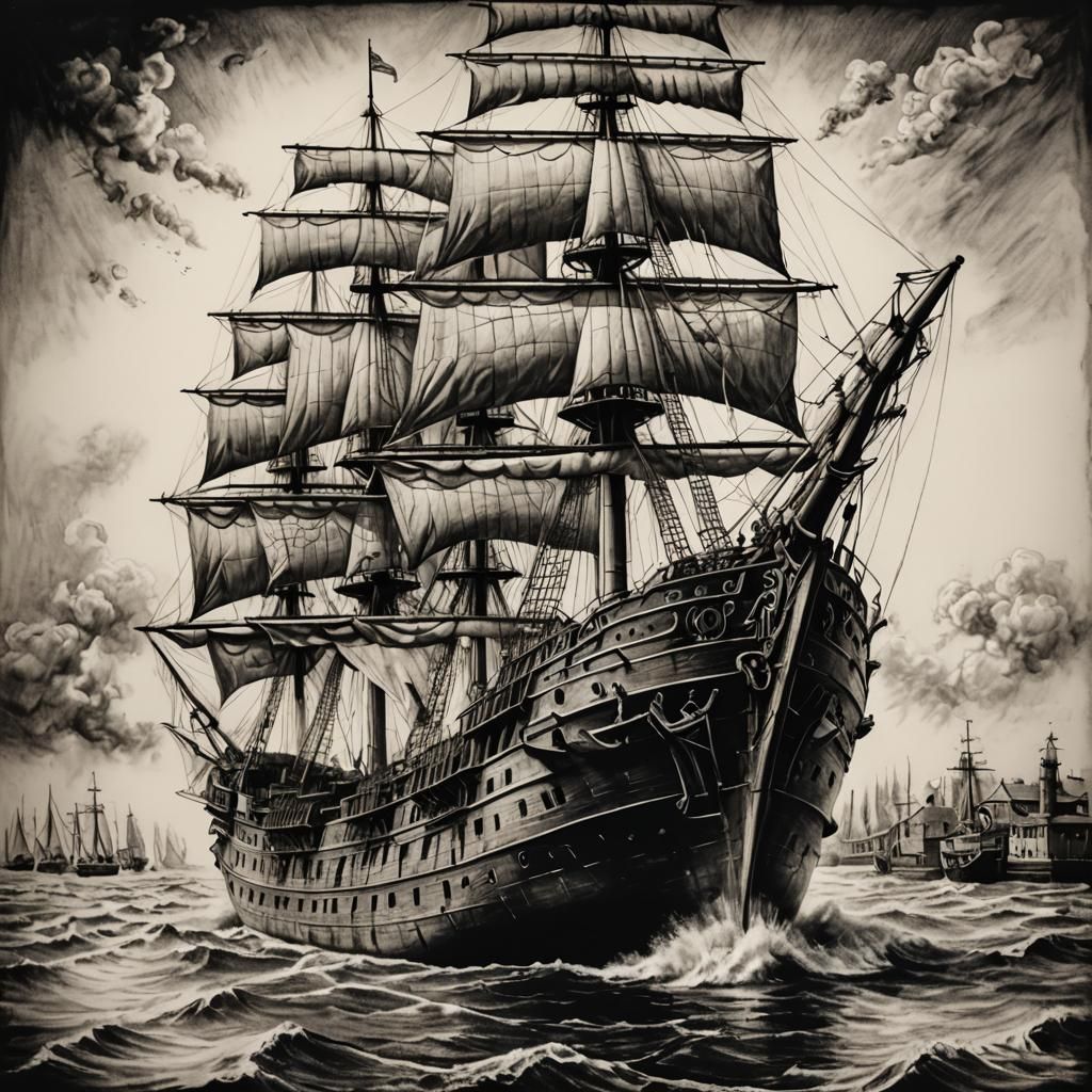 Detailed Charcoal Sketch of a Galley Ship