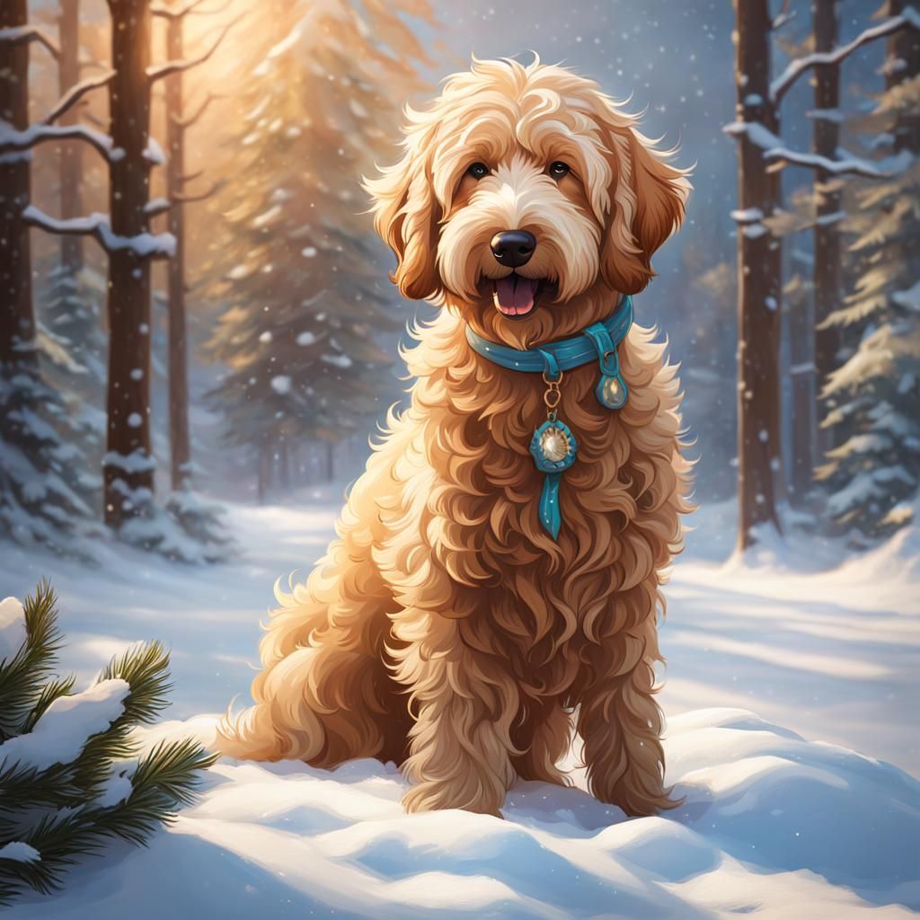 Golden Doodle in Snow: Hyperdetailed Art Portrait