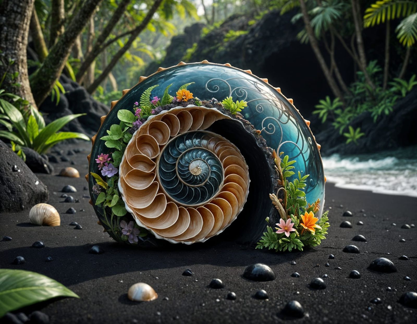 Surreal Beach Scene with Nautilus Shell