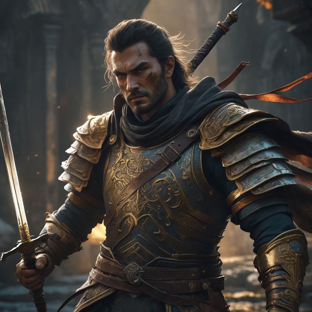 Epic Swordsman Portrait in Fantasy Armor