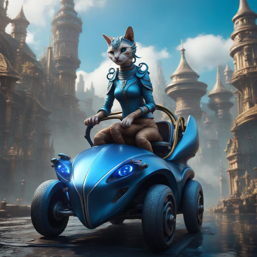 Blue Lizard Cat Girl on Flying Car