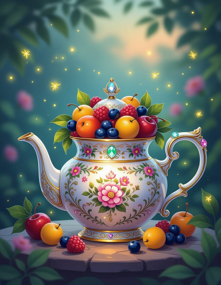 Jewel Encrusted Teapot with Luminous Fruits in Twilight Gard...